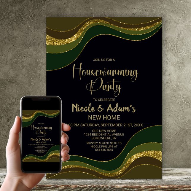 Black Green Gold Glitter Housewarming Party Invitation (Creator Uploaded)