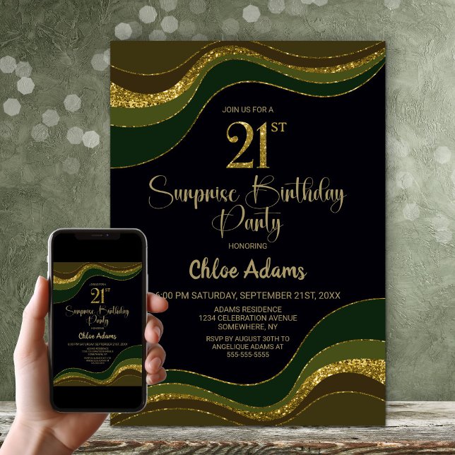 Black Green Gold Glitter Surprise 21st Birthday Invitation (Creator Uploaded)