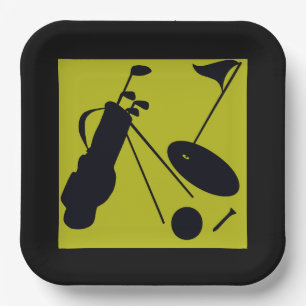 Black & green golf tee, clubs , golf balls paper plate