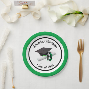 Black Green Graduation Cap and Tassel Custom Paper Plate