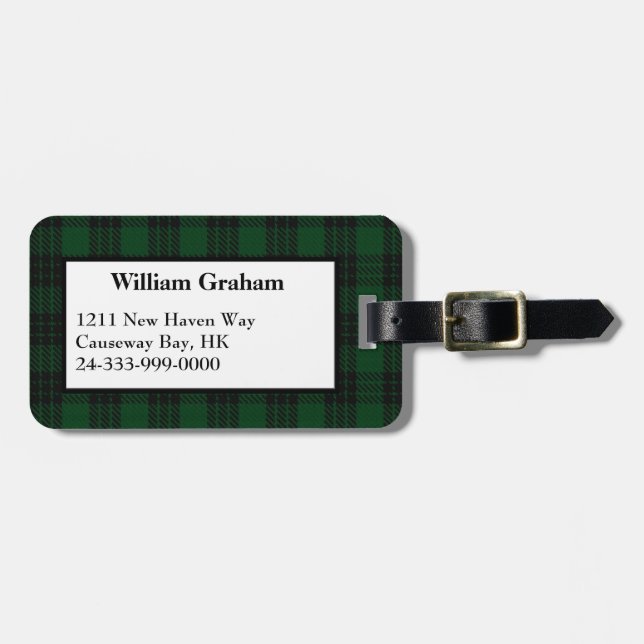 Black & Green Graham Tartan Plaid Luggage Tag (Front Horizontal)