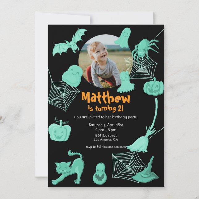 Black & green Halloween birthday party invitation (Front)