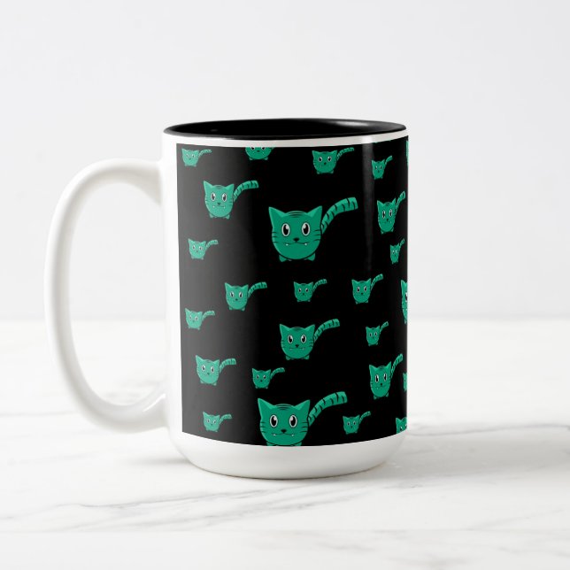 Black & Green Kitty Pattern Two-Tone Coffee Mug (Left)