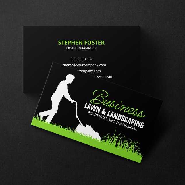 Black Green Lawncare Landscaping Lawn Mowing Business Card (Creator Uploaded)