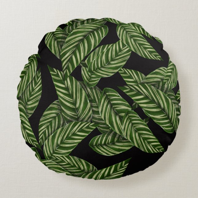 Black Green Leafy Luxurious Round Pillow (Front)