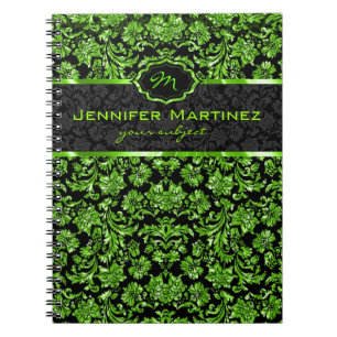 Black & Green Metallic Floral Damasks Monogram Spiral Notebook
