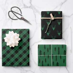 Black Green Mixed Rustic Patterns Deer Woods Plaid Wrapping Paper Sheet