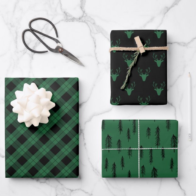 Black Green Mixed Rustic Patterns Deer Woods Plaid Wrapping Paper Sheet (Front)