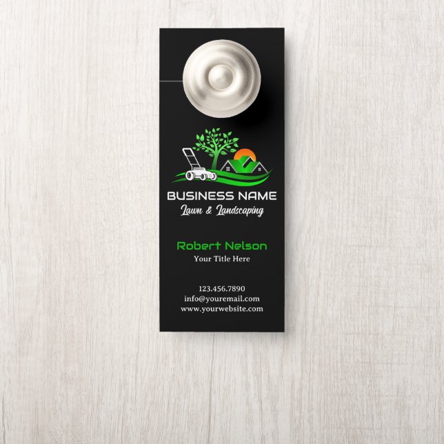 Black Green Modern Lawn Care Landscaping Business Door Hanger (On Knob)