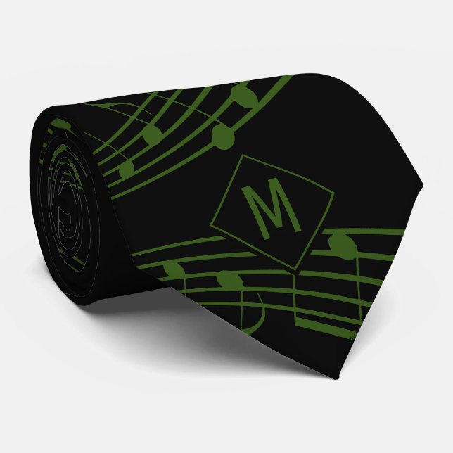 Black Green Monogram MUSICAL NOTES Tie (Rolled)