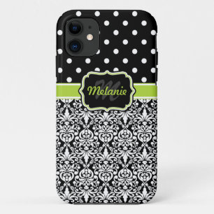 Black Green Monogrammed Damask Polka Dots Pattern Case-Mate iPhone Case