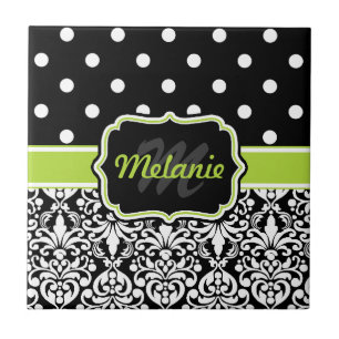 Black Green Monogrammed Damask Polka Dots Pattern Tile
