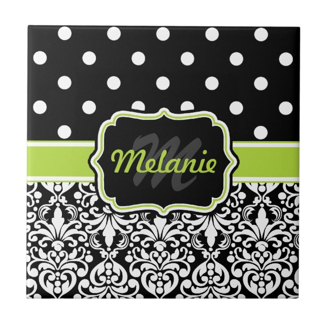 Black Green Monogrammed Damask Polka Dots Pattern Tile (Front)