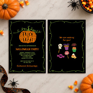 Black Green Orange Trick or Treat Halloween Party Invitation