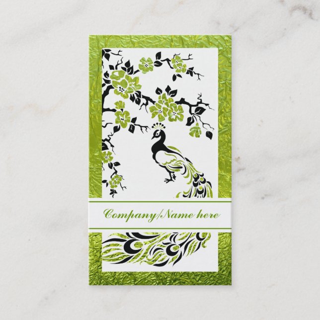 Black, green peacock and cherry blossoms business card (Front)