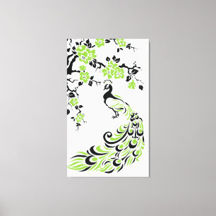 Black green peacock and cherry blossoms custom canvas print