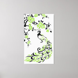 Black green peacock and cherry blossoms custom canvas print