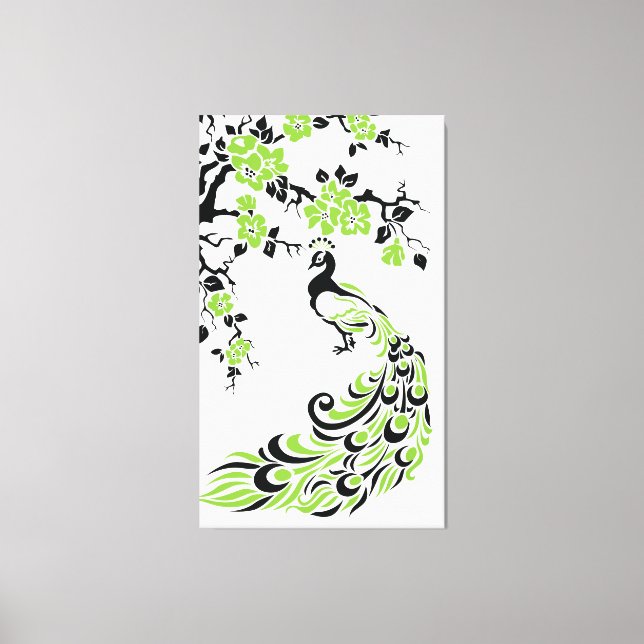 Black green peacock and cherry blossoms custom canvas print (Front)