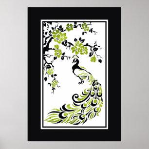Black, green peacock and cherry blossoms poster