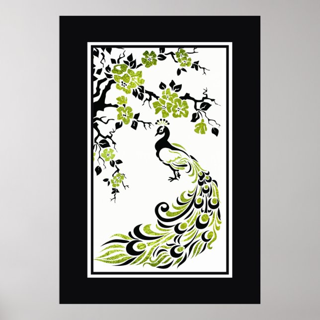 Black, green peacock and cherry blossoms poster (Front)