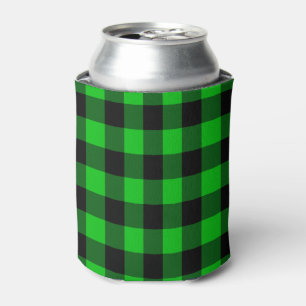 Black & Green Plaid Checked Can Cooler