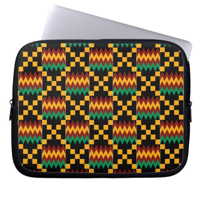 Black, Green, Red, and Yellow Kente Cloth Laptop Sleeve (Front)