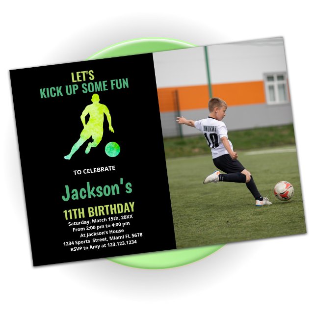 Black Green Running Soccer Birthday With photo Invitation (Creator Uploaded)