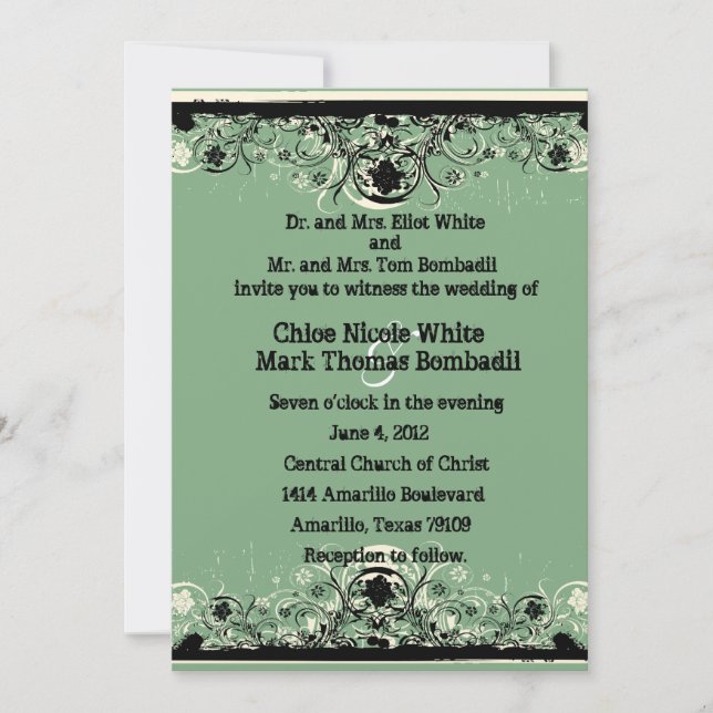 Black Green Shabby Lace Wedding Invitation (Front)