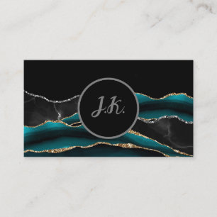 Black Green Silver Initials Agate Glam Marble Business Card