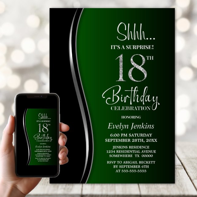 Black Green Surprise 18th Birthday Invitation (Creator Uploaded)