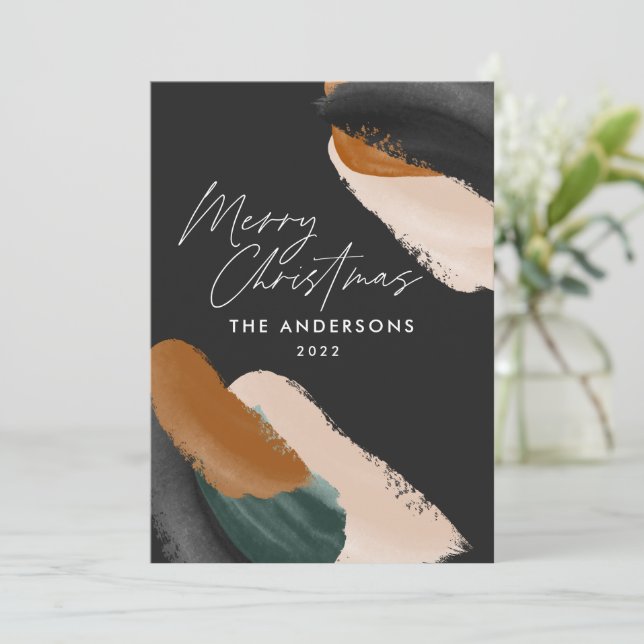 Black Green terracotta modern minimal watercolor Holiday Card (Standing Front)