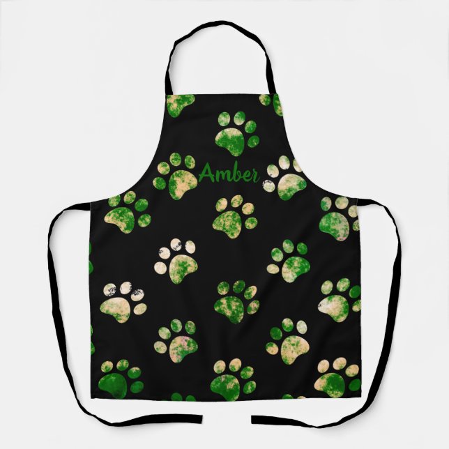 Black Green Texture Paw Print Pattern Personalised Apron (Front)