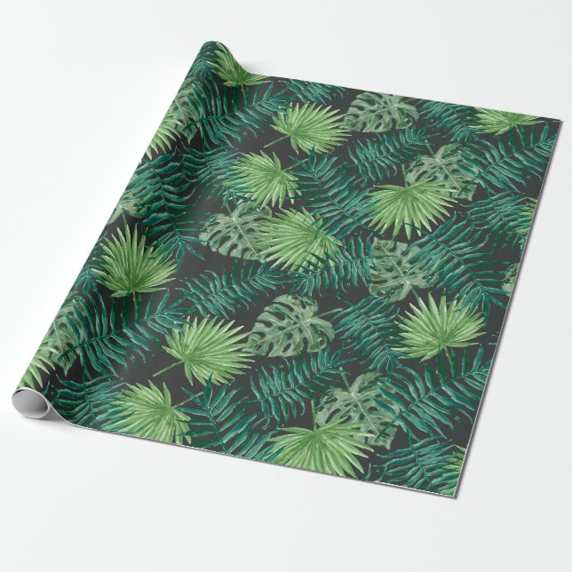 Black Green Tropical Leaves Wrapping Paper (Unrolled)