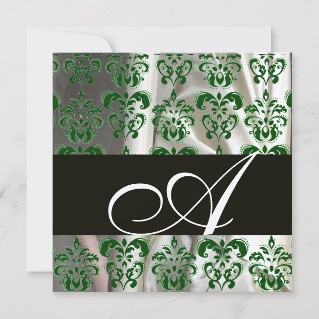 BLACK GREEN WHITE SILK DAMASK CLOTH MONOGRAM Gold Invitation (Front)