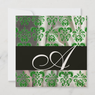 BLACK GREEN WHITE SILK DAMASK MONOGRAM Champagne Invitation