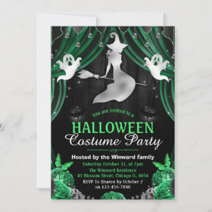 Black & Green Witch & Shimmer Curtains Halloween Invitation