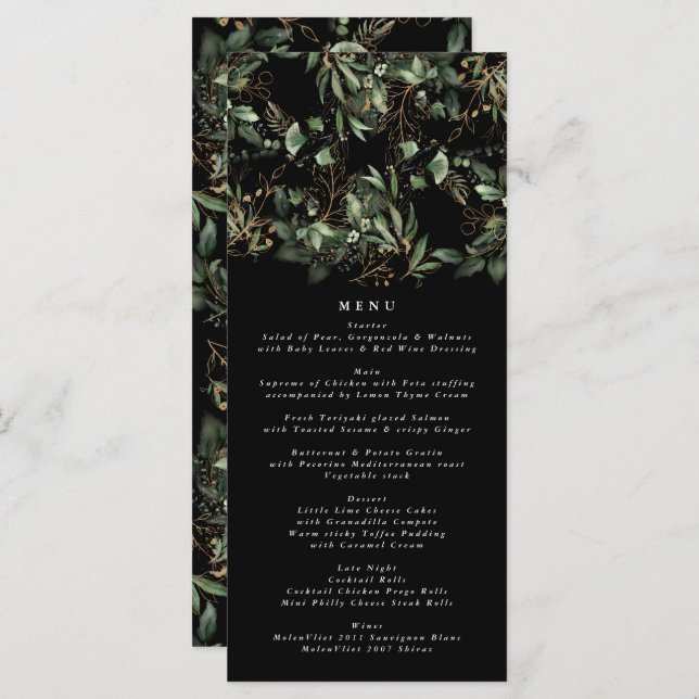 Black Greenery Botanical Eucalyptus Modern Wedding Menu (Front/Back)