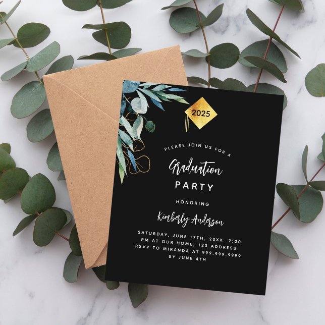 Black greenery budget graduation party invitation flyer (Creator Uploaded)