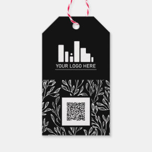 Black Greenery Pattern Your Logo & QR Code Gift Tags
