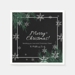 Black Greenery Snowflakes Merry Christmas Napkin