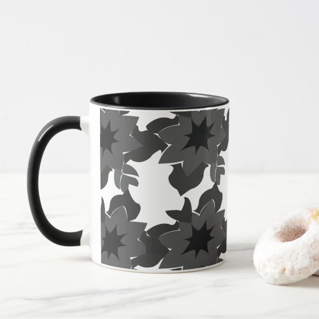 Black Grey Abstract Floral  Mug (With Donut)