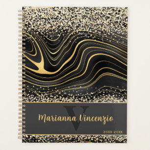 Black Grey Agate Gem Glitter and Gold Personalised Planner