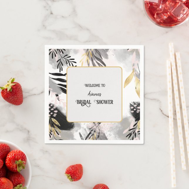 Black, Grey and Gold Leafy Shower Napkin (Insitu)