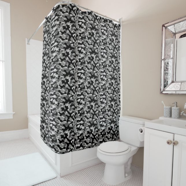 Black Grey And White Abstract Camo Pattern  Shower Curtain (In Situ)