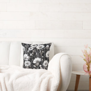 Black, Grey and White Field of Wildflowers Cushion