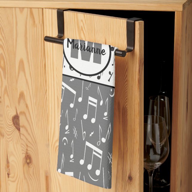 Black grey and white music notes tea towel (Thirds Fold)
