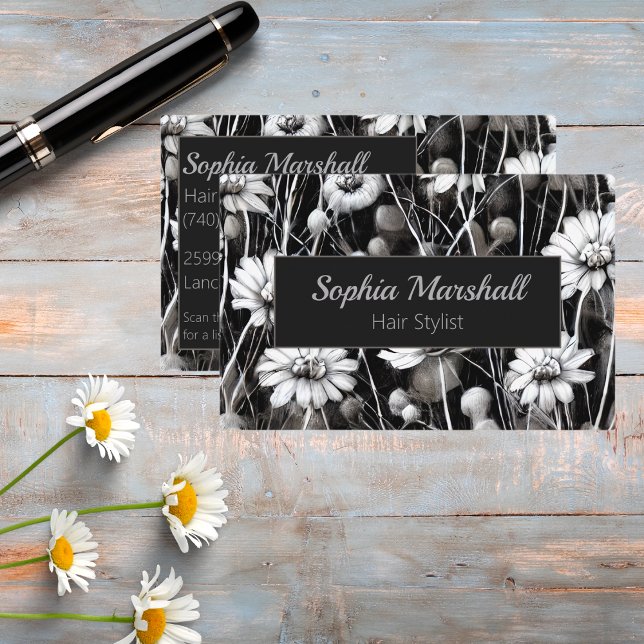 Black, Grey and White Wildflowers with QR Code  Business Card (Creator Uploaded)