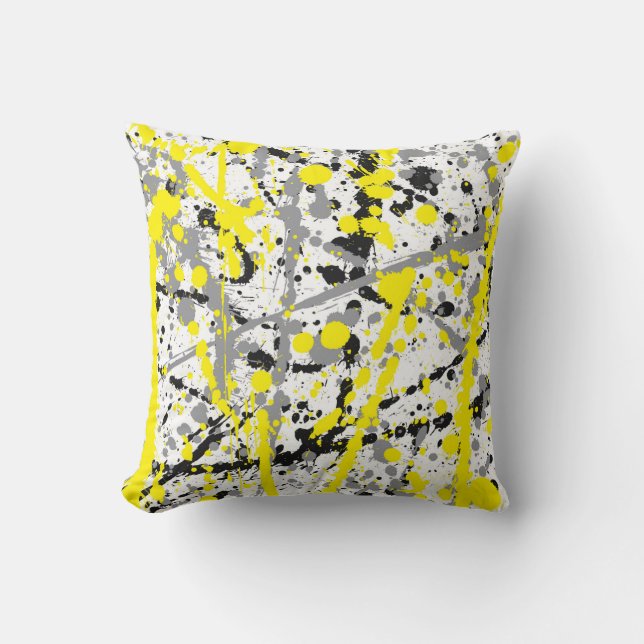 Black Grey and Yellow Ink Splatter Cushion (Front)