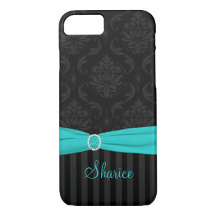 Black Grey Aqua Damask Striped iPhone 7 Case