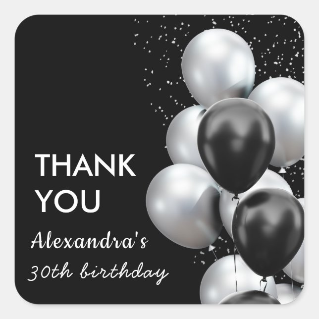 Black Grey Balloon Birthday Thank you Sticker (Front)